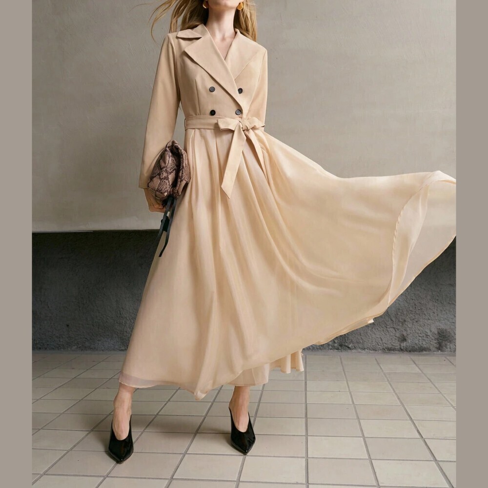 Cream Trench Coat Style Belted Long Sleeve Maxi Dress